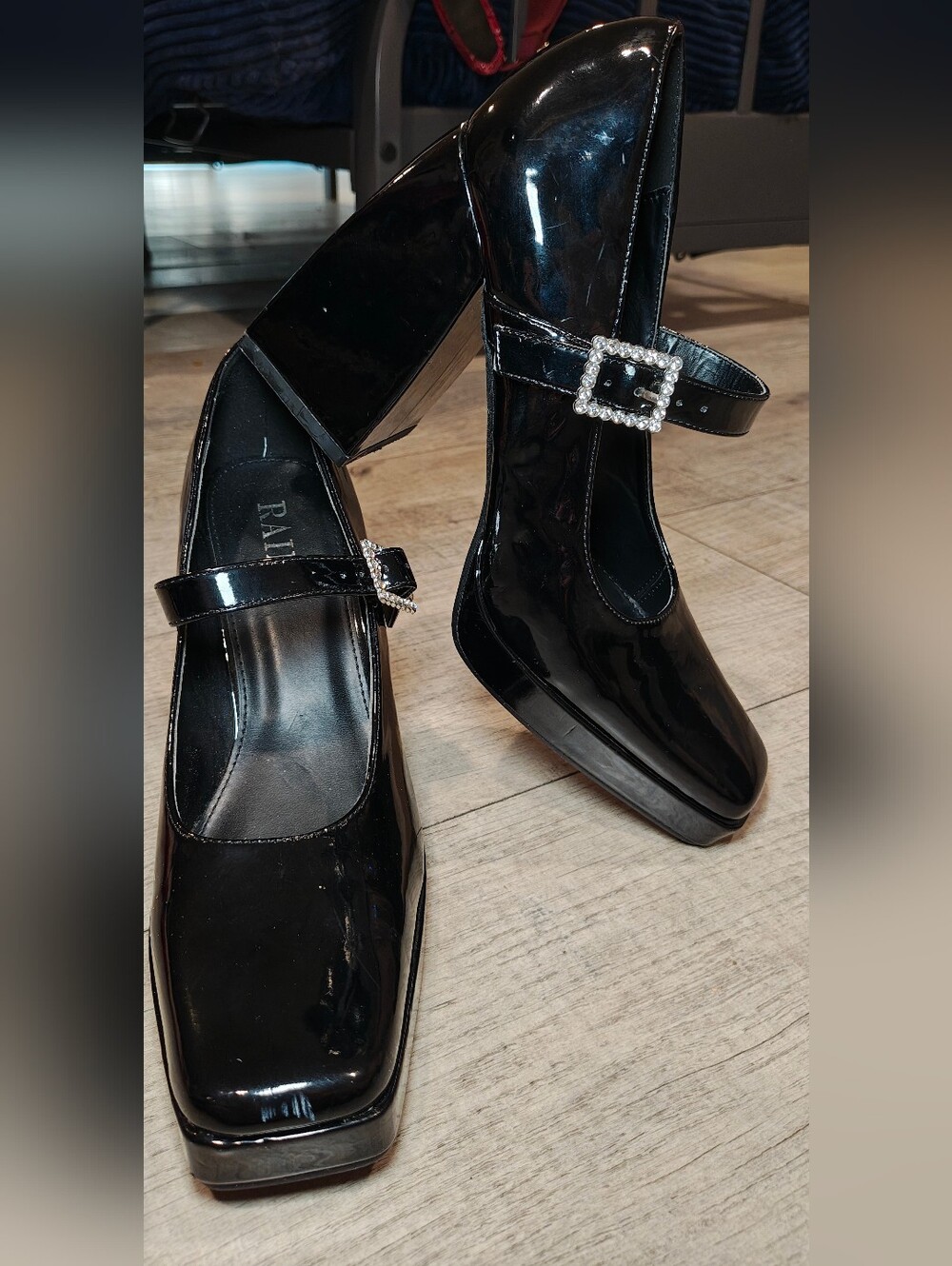 RAID Maya Block heel Black Patent Leather Mary Janes w Rhinestone Buckle.